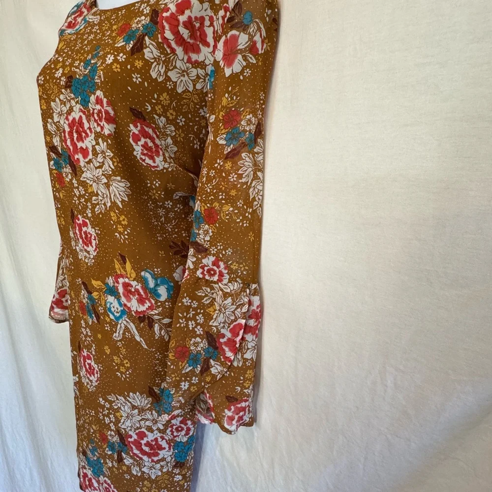 E-187 Charlotte Russe PLUS SIZE 1X Tan Red & Teal Long Bell Sleeve MIDI Dress - Picture 6 of 14